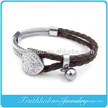 TKB-B5009 Brown Braided leather bracelet with real flowers, Antique brass Charm leather bracelet